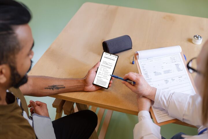 A patient shows the Terpenology pharmacist summary to a dispensary pharmacist at the dispensary
